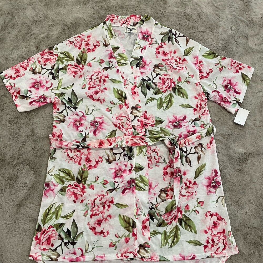Women Show Me Your Mumu White Pink Floral Kimono Cover up Short Sleeve Size‎ O/S